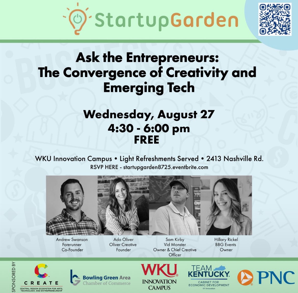 CREATE (@create_ic) on Twitter photo Join us for - "Ask the Entrepreneurs: The Convergence of Creativity and Emerging Tech" at our next Startup Garden on Wednesday 8/27 at CREATE’s HQ at <a href="/WKUInnovation/">WKU Innovation Campus</a> in Bowling Green. RSVP: eventbrite.com/e/startup-gard… Join us for - "Ask the Entrepreneurs: The Convergence of Creativity and Emerging Tech" at our next Startup Garden on Wednesday 8/27 at CREATE’s HQ at <a href="/WKUInnovation/">WKU Innovation Campus</a> in Bowling Green. RSVP: eventbrite.com/e/startup-gard…