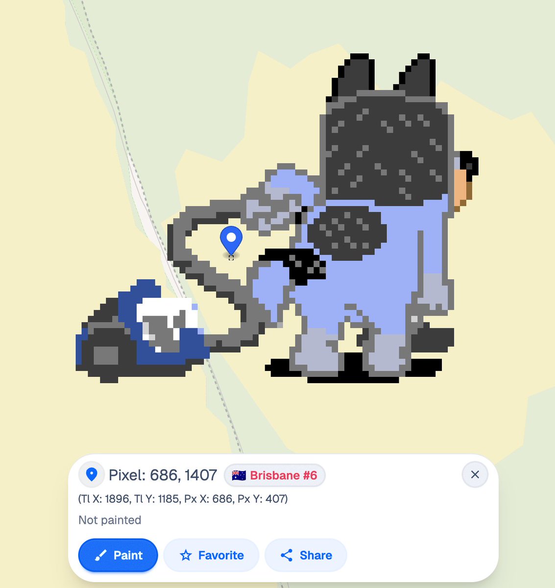 Just some big blue guy vacuuming the dirt.
#BanditHeeler #Bluey #RugIsland 

Moreton Island, Brisbane, AU #wplace

(🎆<a href="/thetorivic/">Tori🦻|🎨 C0MM OPEN!</a>)