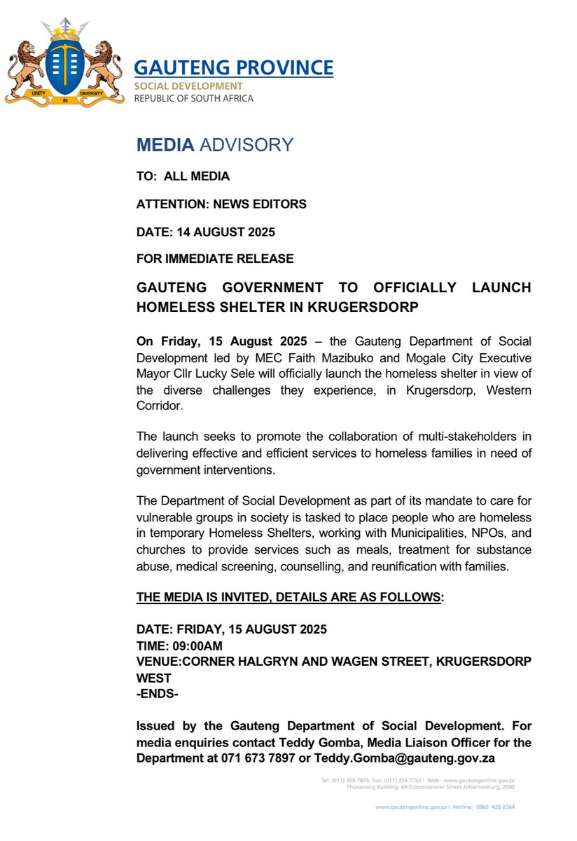 Social DevelopmentGP (@gpgsocdev) on Twitter photo β οΈππππππ ππππππππ | GAUTENG GOVERNMENT TO OFFICIALLY LAUNCH HOMELESS SHELTER IN KRUGERSDORP
Β
<a href="/gpgSocDev/">Social DevelopmentGP</a> MEC <a href="/FaithMazibukoSA/">MEC Faith Mazibuko</a> and <a href="/city_mogale/">Mogale City</a> Executive Mayor Cllr Lucky Sele will officially launch the homeless shelter in #Krugersdorp
#HomelessShelters #GGT β οΈππππππ ππππππππ | GAUTENG GOVERNMENT TO OFFICIALLY LAUNCH HOMELESS SHELTER IN KRUGERSDORP
Β
<a href="/gpgSocDev/">Social DevelopmentGP</a> MEC <a href="/FaithMazibukoSA/">MEC Faith Mazibuko</a> and <a href="/city_mogale/">Mogale City</a> Executive Mayor Cllr Lucky Sele will officially launch the homeless shelter in #Krugersdorp
#HomelessShelters #GGT