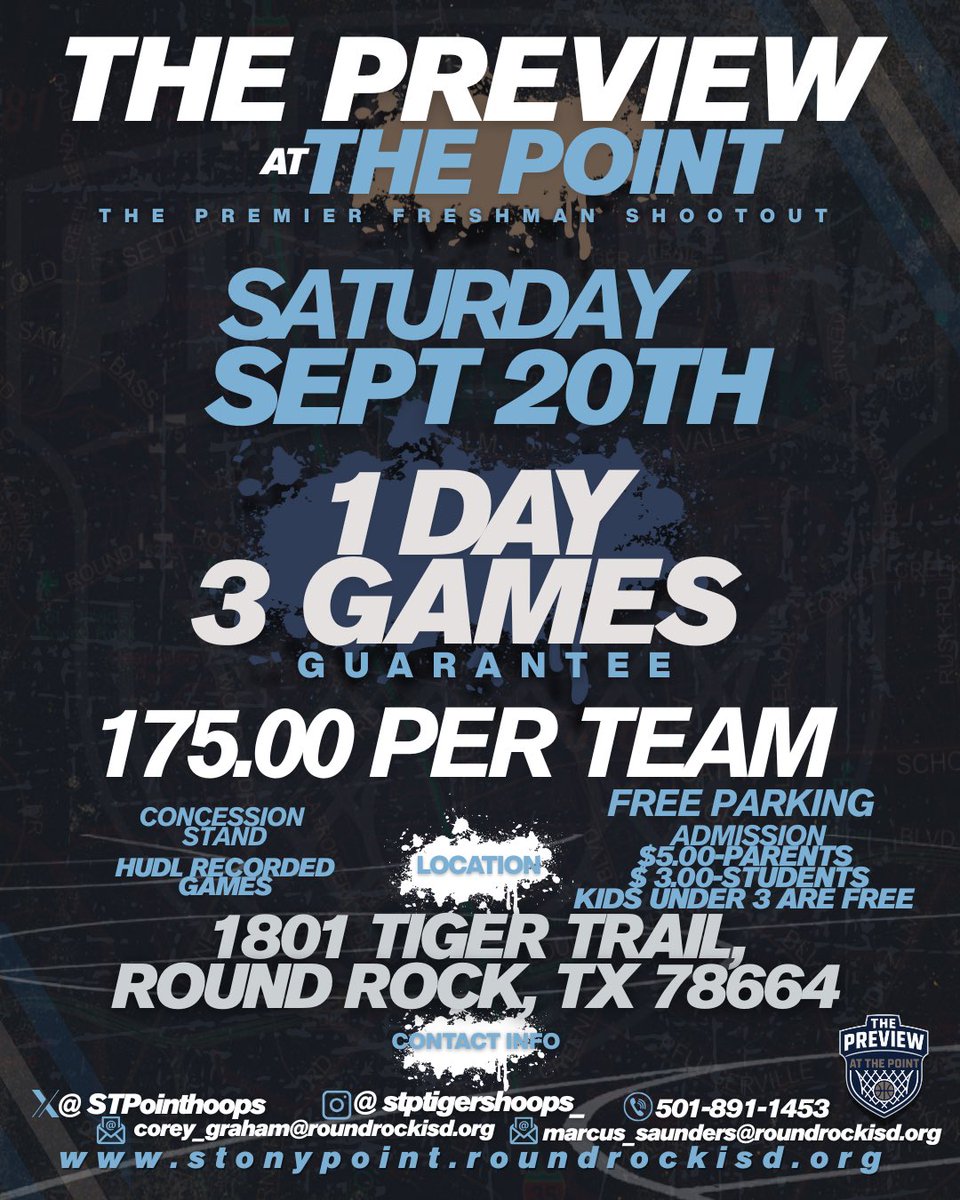 🏀 The Preview at The Point 🏀

 See where you stand then stand out. 
1 Day. 3 Games. Your shot to make noise.

The Central Texas freshman shootout is coming to Round Rock!

📅 Sept 20 | Stony Point HS – Round Rock, TX
💰 $175 per team | 🎥 Hudl film