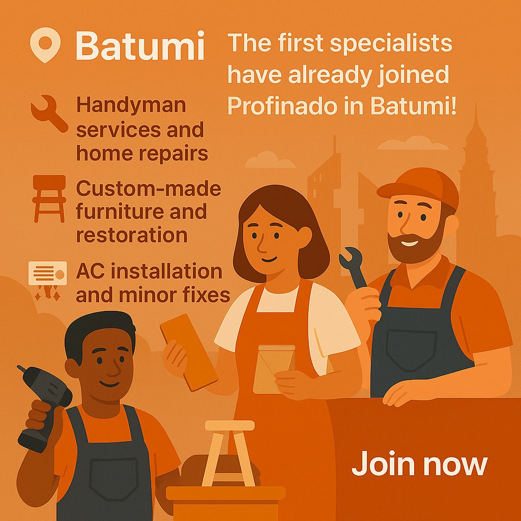 ProfinadoLabs's tweet photo. 📍 Batumi
The first specialists have already joined Profinado in Batumi!

Handyman services, custom-made furniture and restoration, AC installation.

Find trusted professionals in just a few clicks.

👉 https://t.co/Em4nfDN6cj
#Profinado #servicesBatumi #handyman https://t.co/eefyL4cbhX
