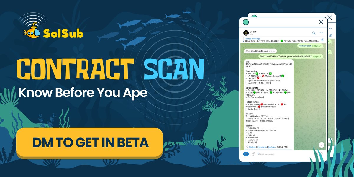 🕵️‍♂️ Know before you ape.

With Solsub’s Contract Scan, you can see the red flags before you throw SOL at a chart.

Drop in any contract and get the full picture in Telegram, in seconds:
✅ Tokenomics
📊 Volume stats (30m, 1h, 24h + price changes)
👥 Holder status
🐋 Top 10 holder