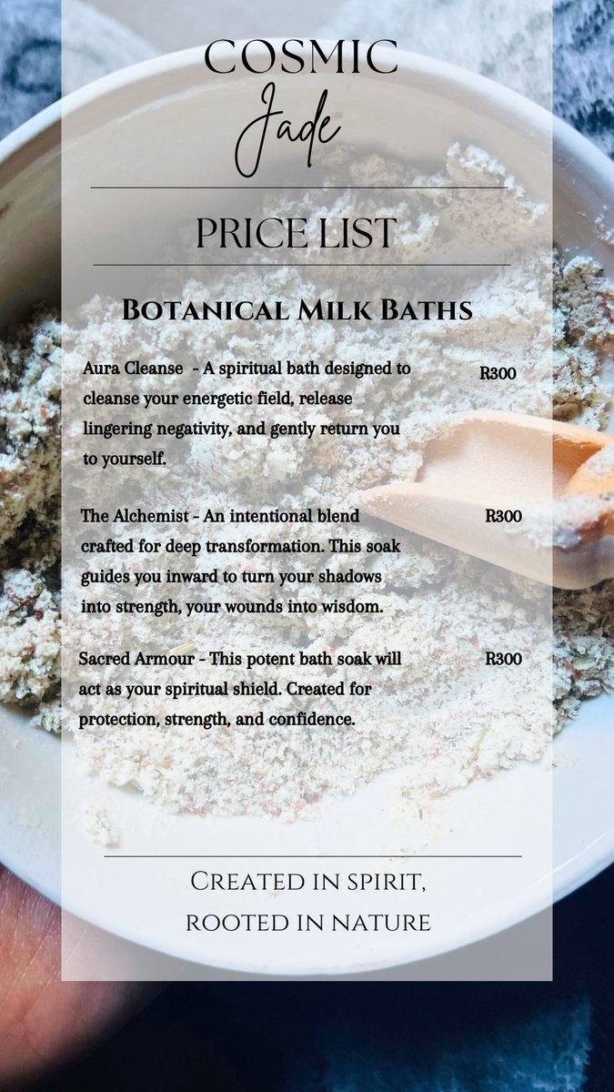 Introducing Cosmic Jade’s Botanical Milk Baths, a sacred line of healing soaks designed to align your body with Earth’s frequency, cleanse your aura, and restore your energy. We have three different types of milk blends and this is what each does: