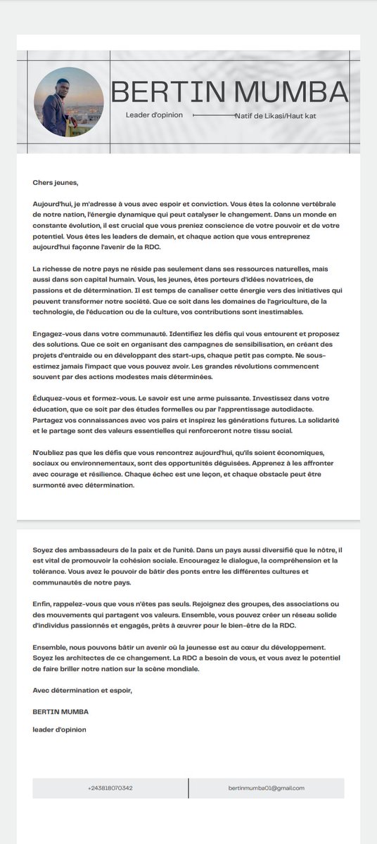 BERTIN MUMBA (@bertin_ebm) on Twitter photo #RDC au nom de l'association des jeunes Entrepreneurs et en mon nom propre, je fais appel aux jeunes de n'est pas se laisser manipulé par les gens qui veulent troublé la paix sur notre territoire national, nous sommes le développement de demain <a href="/Fatshi13_pro5/">Félix A. Tshisekedi</a> <a href="/shabani_lukoo/">SHABANI Lukoo J.</a> #RDC au nom de l'association des jeunes Entrepreneurs et en mon nom propre, je fais appel aux jeunes de n'est pas se laisser manipulé par les gens qui veulent troublé la paix sur notre territoire national, nous sommes le développement de demain <a href="/Fatshi13_pro5/">Félix A. Tshisekedi</a> <a href="/shabani_lukoo/">SHABANI Lukoo J.</a>