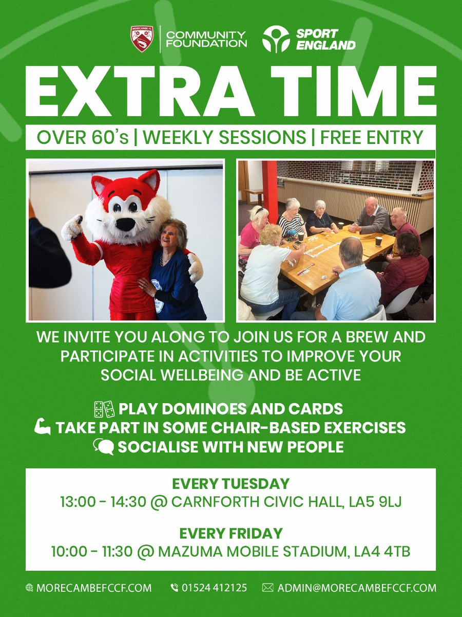 Morecambe FC Community Foundation (@morecambefccf) on Twitter photo Looking for a friendly space to connect, chat, and be active on a Tuesday and Friday?
Our Extra Time sessions are perfect for over 60s. Free entry, great company, and plenty to do!
#UTS 🦐 | <a href="/Sport_England/">Sport England</a> Looking for a friendly space to connect, chat, and be active on a Tuesday and Friday?
Our Extra Time sessions are perfect for over 60s. Free entry, great company, and plenty to do!
#UTS 🦐 | <a href="/Sport_England/">Sport England</a>