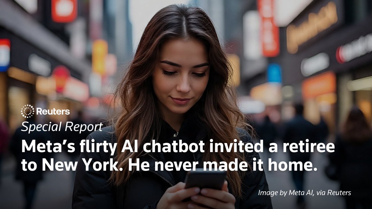 Reuters Investigates (@specialreports) on Twitter photo Months after a cognitively impaired New Jersey man died while trying to meet up with a flirty Meta AI chatbot, ‘Big sis Billie’ was still romancing users, tests by Reuters show reut.rs/45DQIRj <a href="/JeffHorwitz/">Jeff Horwitz</a> Months after a cognitively impaired New Jersey man died while trying to meet up with a flirty Meta AI chatbot, ‘Big sis Billie’ was still romancing users, tests by Reuters show reut.rs/45DQIRj <a href="/JeffHorwitz/">Jeff Horwitz</a>