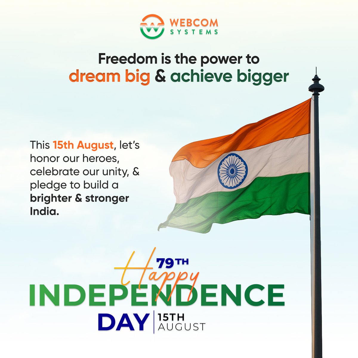 webcomsystem's tweet image. 🇮🇳 𝐇𝐚𝐩𝐩𝐲 𝐈𝐧𝐝𝐞𝐩𝐞𝐧𝐝𝐞𝐧𝐜𝐞 𝐃𝐚𝐲 𝐟𝐫𝐨𝐦 𝐖𝐞𝐛𝐜𝐨𝐦 𝐒𝐲𝐬𝐭𝐞𝐦𝐬 👩‍💻
 
🌈 Let’s continue working together to build a technologically advanced, prosperous, and united 𝐈𝐧𝐝𝐢𝐚 for generations to come.🎉🕊️
 
#independenceday #webcomsystems #happyindependenceday