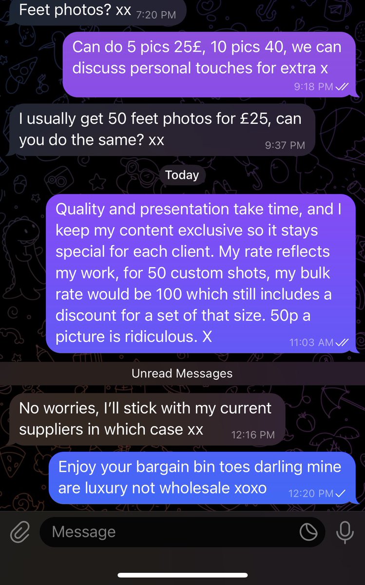 Whoever the fuck is out here diluting the uk feet market with these bargain bin prices needs a proper shake. Raise your rates luxury isn’t cheap. #UKfeet