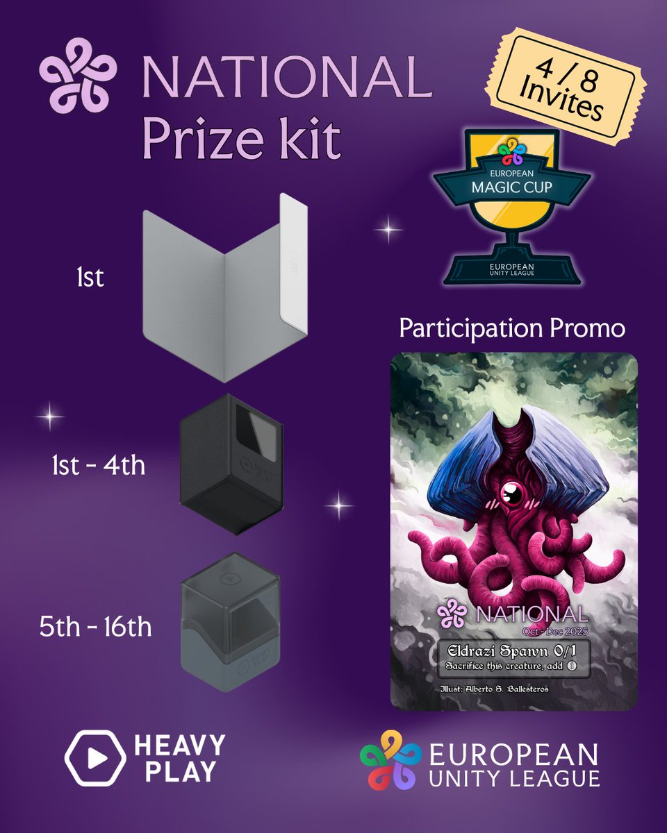 European Unity League (@unityleaguemtg) on Twitter photo Most EUL National Championships 🏆 will feature a prize kit from <a href="/HeavyPlayLLC/">HEAVY PLAY</a> ! 🎁 Every participant gets an Eldrazi Spawn token 👾 by Alberto S. Ballesteros ✍️
The top 4 or 8 players are invited to the European Magic Cup🏆
The nationals organizer will award additional prizes Most EUL National Championships 🏆 will feature a prize kit from <a href="/HeavyPlayLLC/">HEAVY PLAY</a> ! 🎁 Every participant gets an Eldrazi Spawn token 👾 by Alberto S. Ballesteros ✍️
The top 4 or 8 players are invited to the European Magic Cup🏆
The nationals organizer will award additional prizes