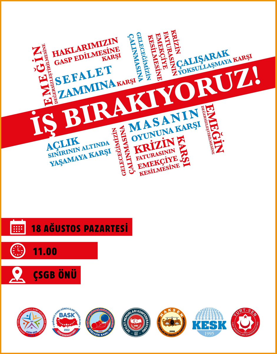 Bizler; ASİM-SEN, BASK, BİRLEŞİK KAMU-İŞ, DMK, HAK-SEN, KESK, YURT-SEN olarak;
• Hükümetin ikinci Toplu Sözleşme teklifini açıklayacağı gün Ankara’da Çalışma Bakanlığı önünde ve eş zamanlı olarak tüm illerde, alanlarda ortak basın açıklamaları yapacağız.
 
• 18 Ağustos 2025