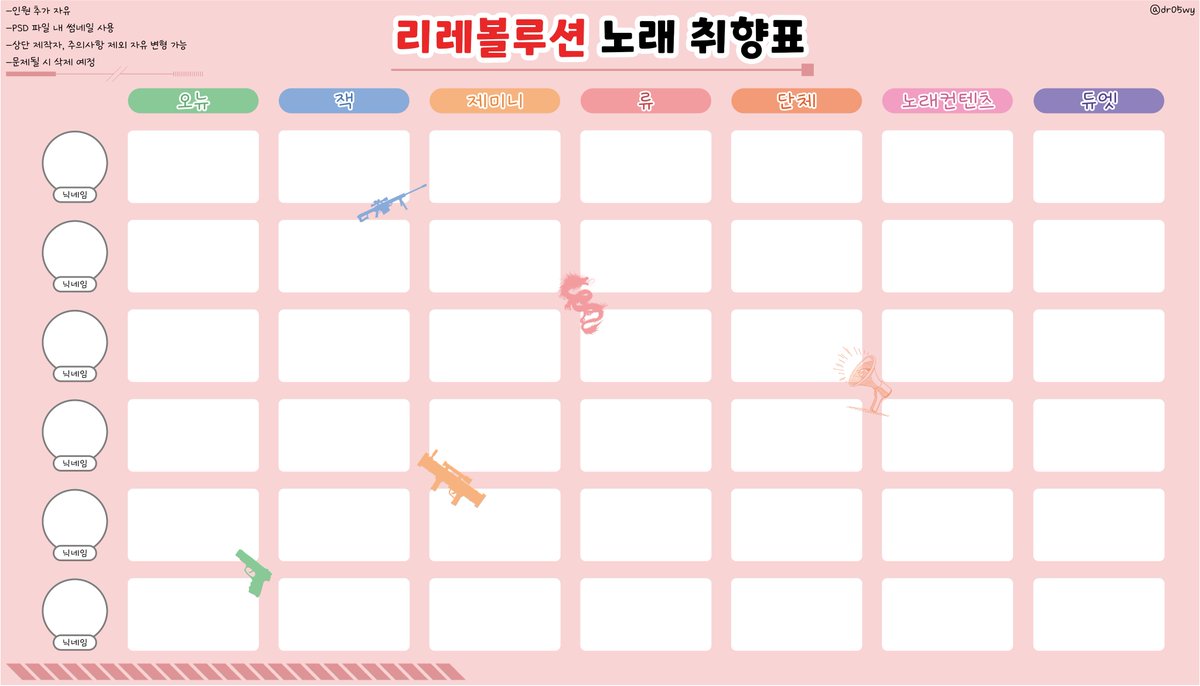 🔫노래 취향표 배포

- 취향에 맞게 직접 제작한 노래 취향표입니다
- 파일 내부 주의사항 확인 부탁드립니다
- 파일이 크고 레이어가 섞여있습니다
- 이유 없이 내려갈 수 있습니다
- PSD 파일만 존재합니다 
drive.google.com/file/d/1yt_Yzk…