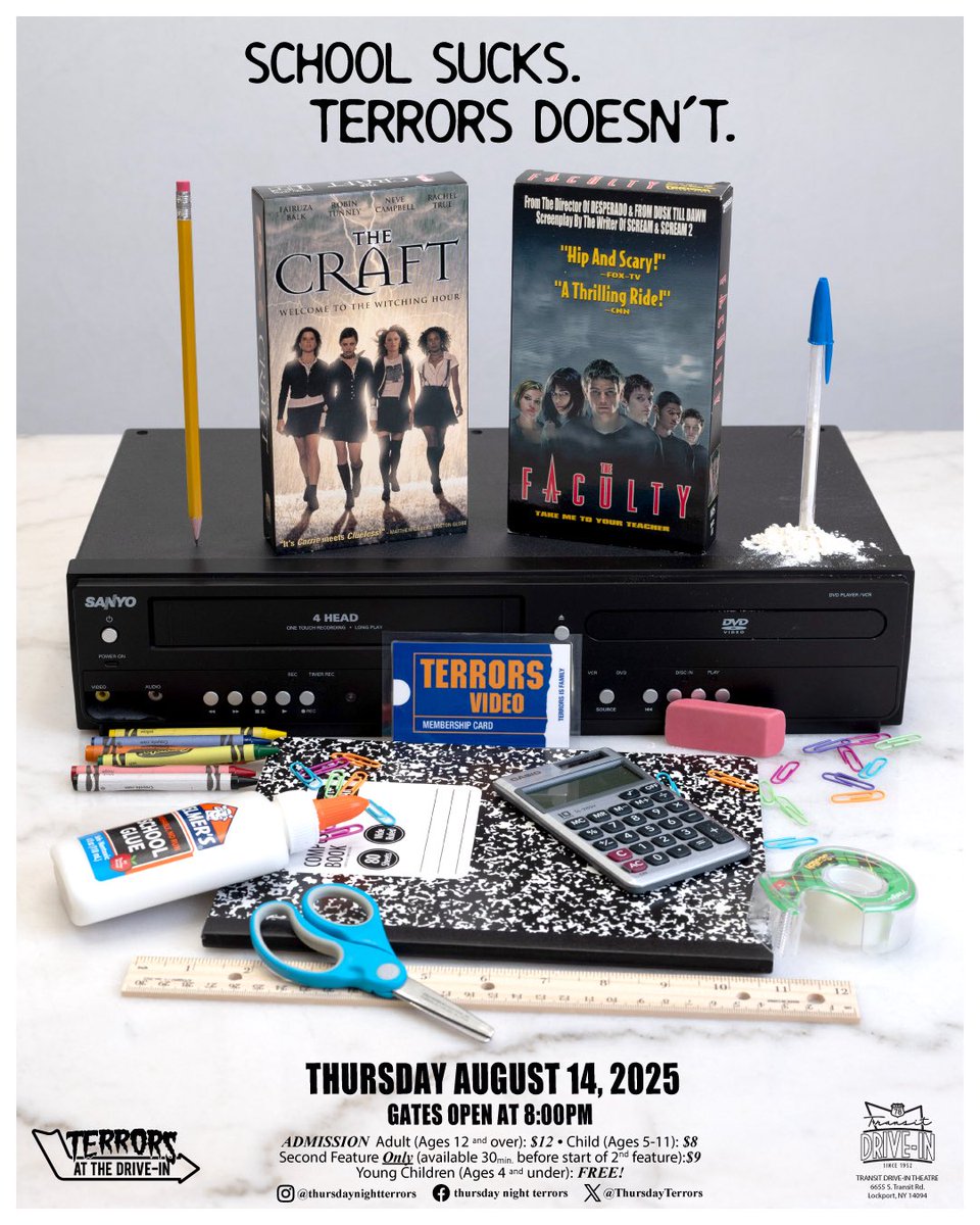 ThursdayTerrors's tweet photo. The Terrors at the Drive-in double feature of The Craft (1996) & The Faculty (1998) is *TONIGHT*: Thurs, Aug 14!
Located at the Transit Drive-in in Lockport, NY. Gates at 8pm.
Photo: Joed Viera. Design: DP Morris
#TerrorsattheDrivein #TheCraft #TheFaculty #ThursdayNightTerrors https://t.co/eI8aJZHiUq