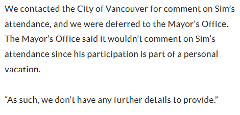 OneCity Vancouver (@onecityvan) on Twitter photo .<a href="/KenSimCity/">Mayor Ken Sim</a>'s office is now claiming that his appearance at a Bitcoin conference this weekend is part of a 'personal vacation'.
He is appearing as the Mayor.
Talking about "Bitcoin and the City of Vancouver".
Which was a motion he passed at Council.
Very vacation-like! .<a href="/KenSimCity/">Mayor Ken Sim</a>'s office is now claiming that his appearance at a Bitcoin conference this weekend is part of a 'personal vacation'.
He is appearing as the Mayor.
Talking about "Bitcoin and the City of Vancouver".
Which was a motion he passed at Council.
Very vacation-like!