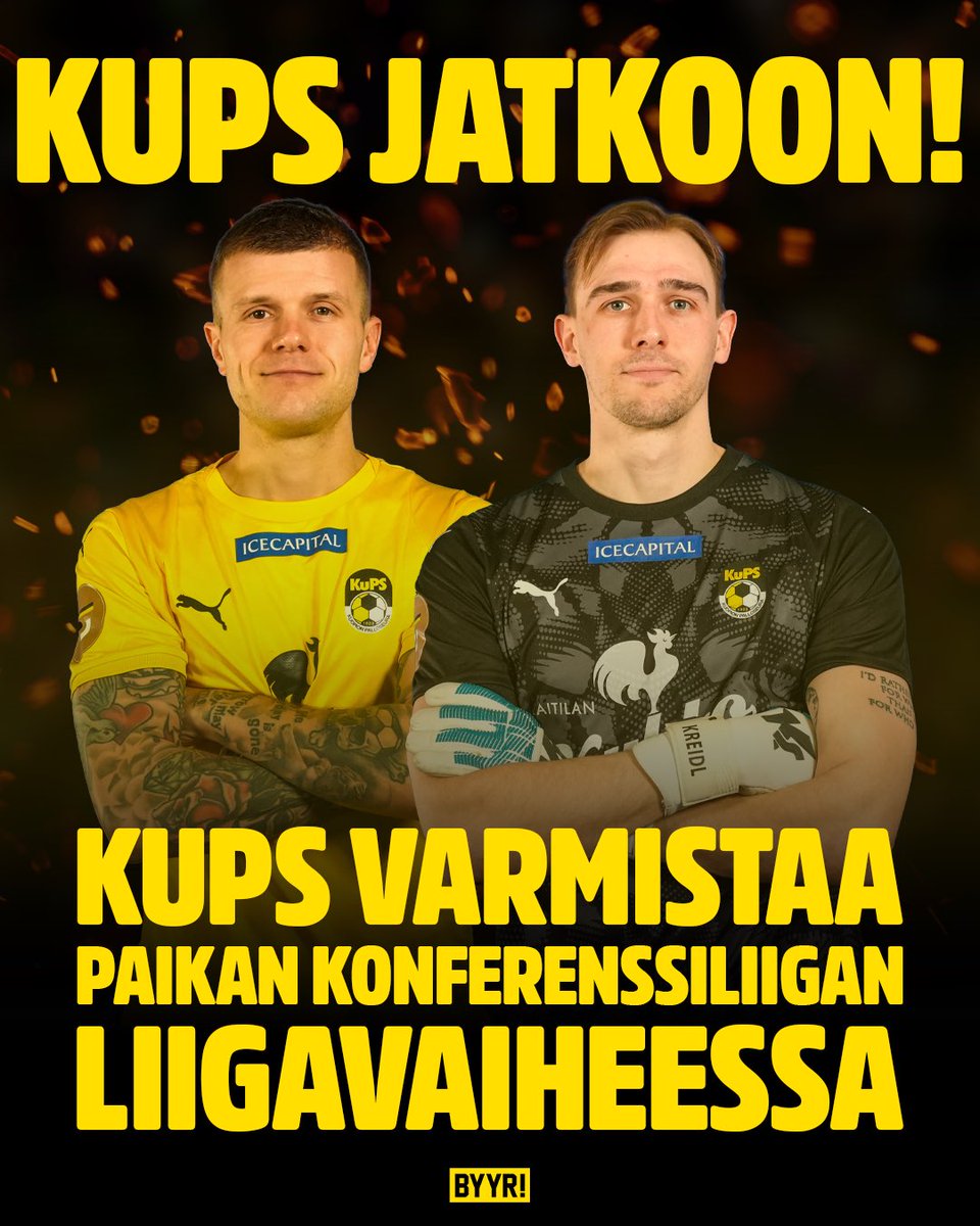 Byyri's tweet photo. KuPS etenee Eurooppa-liigan playoff-kierrokselle!⚫️🟡

Samalla KuPS varmistaa paikan vähintään Konferenssiliigan liigavaiheessa!🔥🔥 https://t.co/z8yqdxdvfU