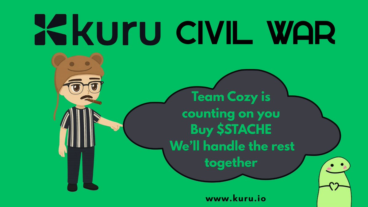 Day 4 of <a href="/KuruExchange/">Kuru</a>  CIVIL WAR
And you’re still not in Team Cozy?

We’re already pumping $STACHE and stomping $FLORIDA on all fronts
It’s hot here, it’s fun here

Don’t stay on the sidelines  join Team <a href="/cozymaximalist/">cozy</a>