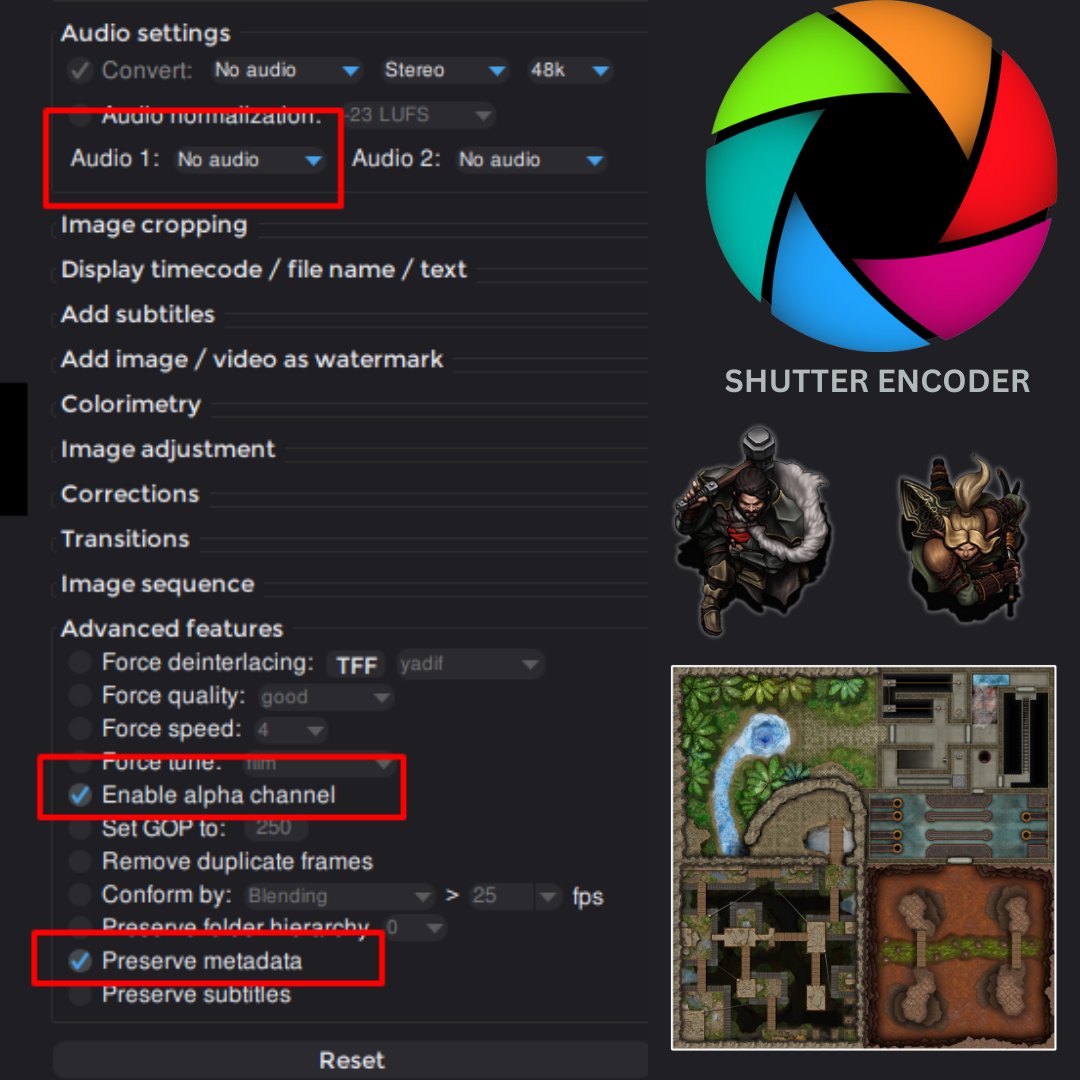 FGACommunity's tweet photo. Convert your favorite animated maps and tokens with the FREE Shutter Encoder app to use in Fantasy Ground. WebM VP8, & remove audio channels for maps, & enable alpha channel for tokens to avoid the black or white backgrounds. @FantasyGrounds2 #vttrpg #rpg #shutterencoder #dnd https://t.co/R4wlXbLw5D
