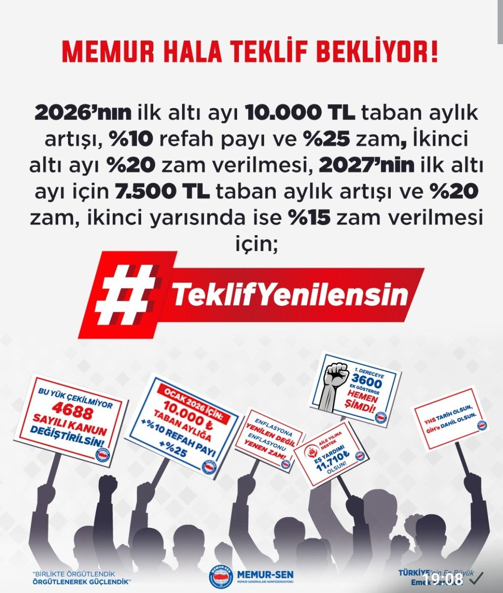 2026’nın ilk altı ayında 10.000 TL taban aylık artışı, %10 refah payı ve %25, İkinci altı ayda %20  zam verilmesi için;
2027’nin ilk altı ayında 7.500 TL taban aylık artışı ve %20 zam, ikinci yarısında ise %15 zam verilmesi için mutlaka #TeklifYenilensin