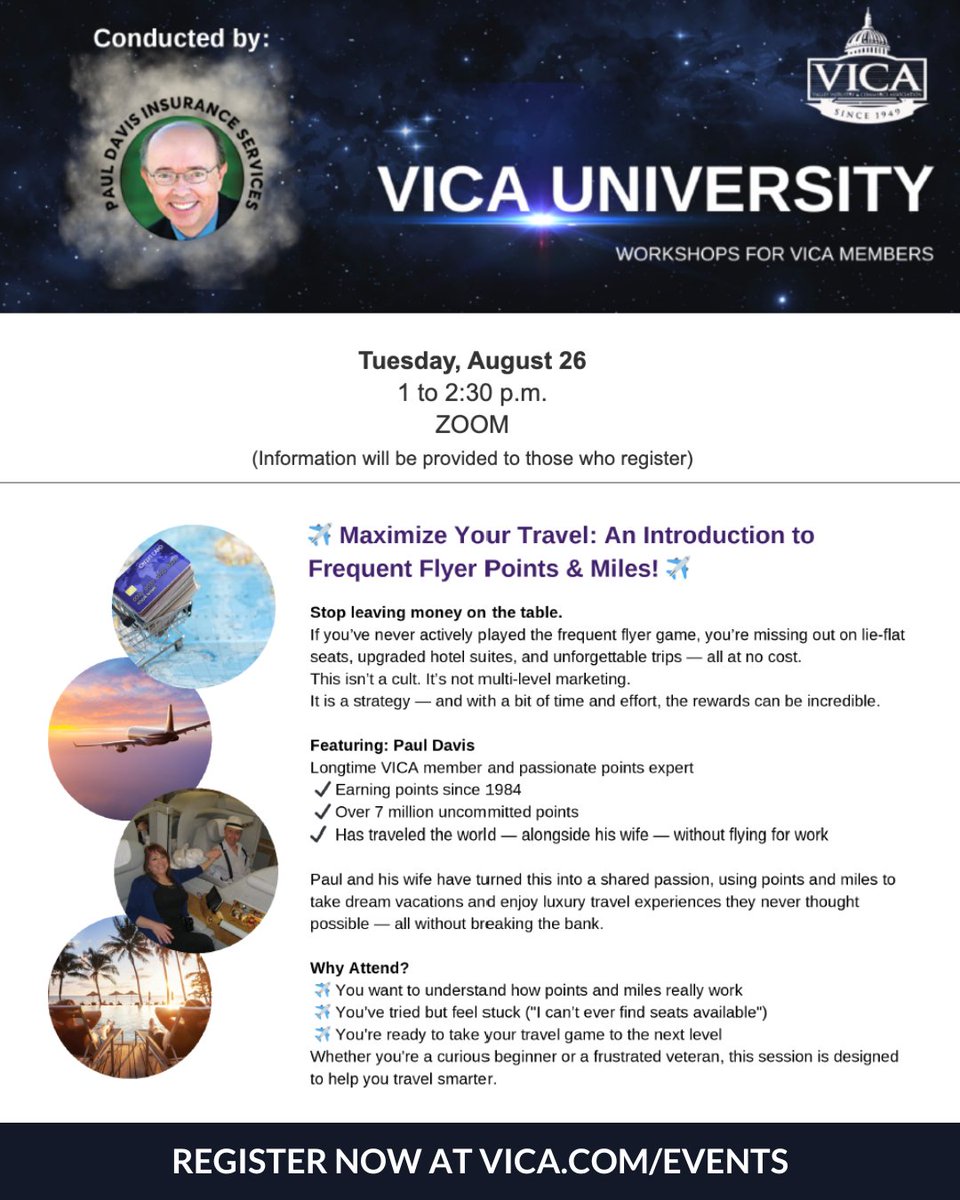 Join longtime VICA member, and points expert, Paul Davis, for a special VICA University on how to 'Maximize Your Travel: An Introduction to Frequent Flyer Points &amp; Miles.'

This is a free zoom session for VICA members.

Space is limited, so register today!