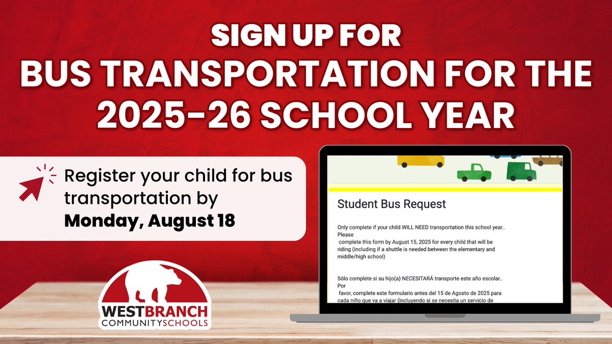 West Branch Families: If you have not yet signed up your child for bus transportation, please do so by Monday, August 18. 🚌

➡️ Complete the registration form: docs.google.com/forms/d/1CLg7Q…