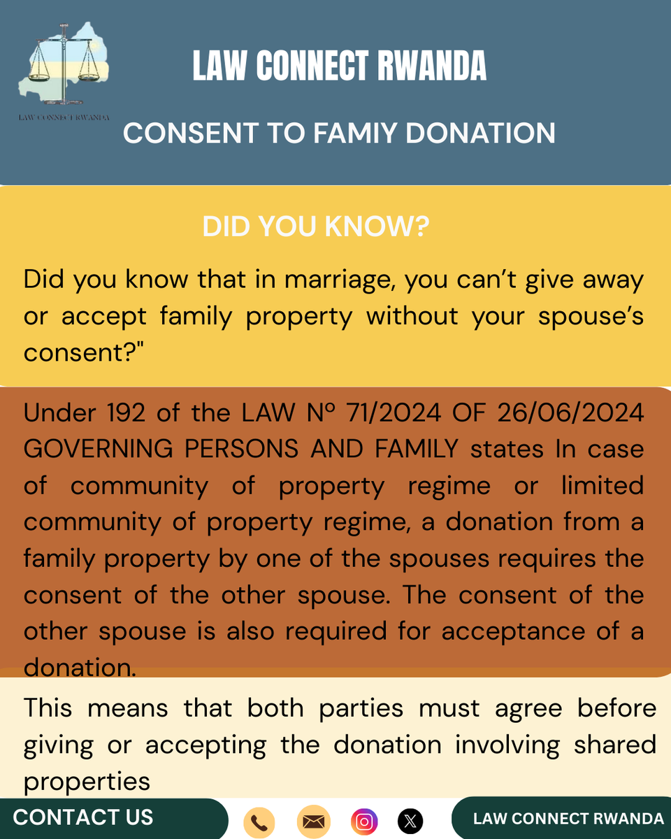💍 If you share property with your spouse, you can’t give it away OR accept a gift for it without their consent.
🛡 Protects both partners &amp; keeps decisions mutual.
#FamilyLaw #RwandaLaw #LegalAwareness
