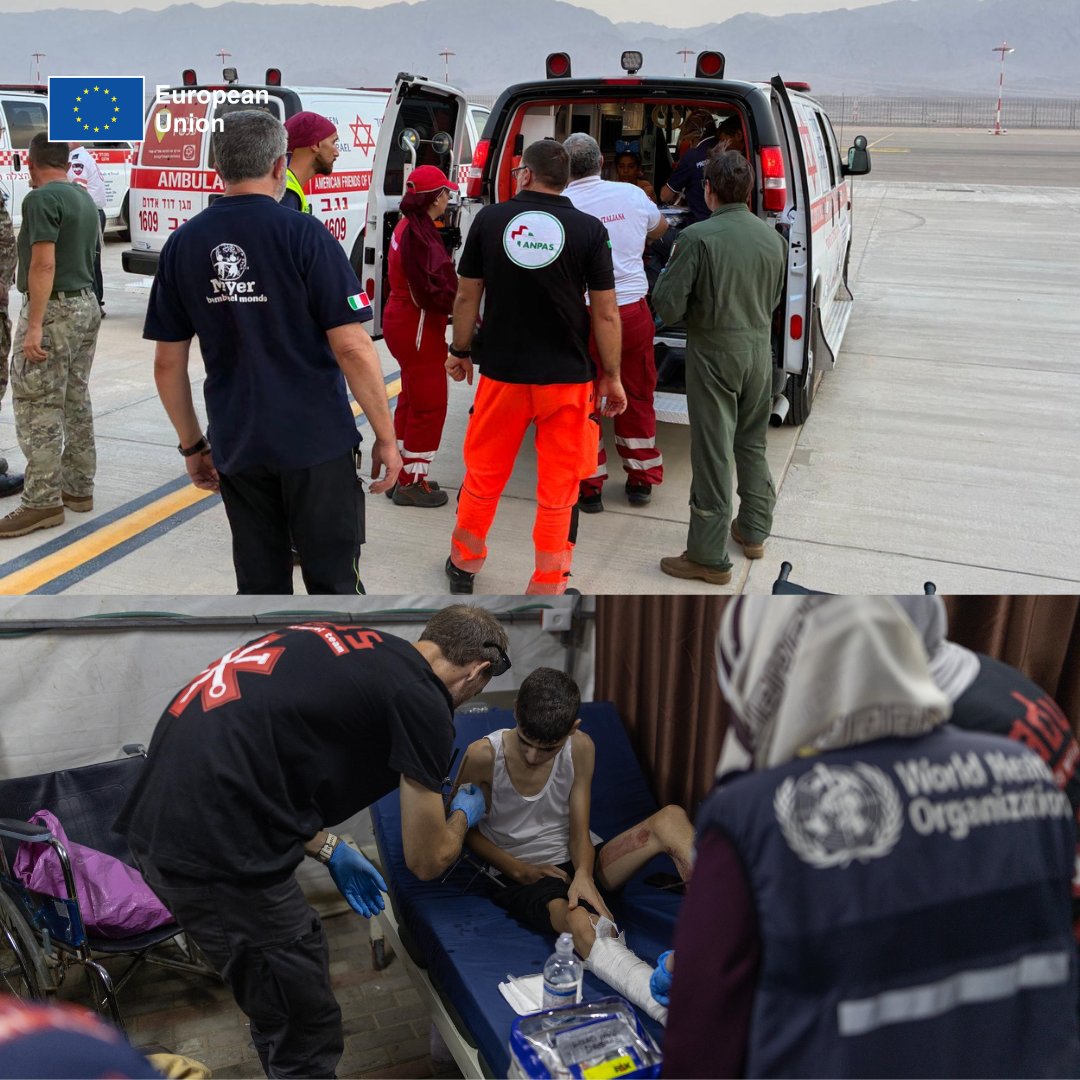 eu_echo's tweet photo. Via the #EUCivilProtection Mechanism and with @WHO, 38 patients from Gaza &amp; 99 of their relatives were medically evacuated last night to Belgium, Italy and Türkiye.

Thank you 🇮🇹 🇸🇰 🇹🇷 for providing transport.

📸Get a glimpse of EU lifesaving work as it unfolds on the ground. https://t.co/uyacG26QY7