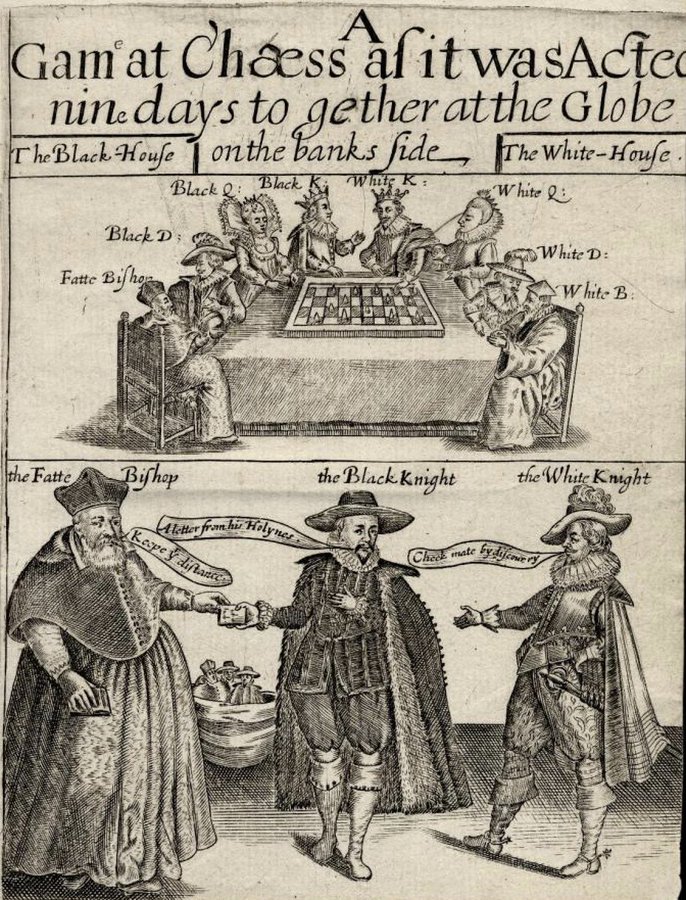 14 Aug 1624: the last night of Thomas Middleton's A Game at Chess at the Globe #London #otd - it was closed down following complaints from the #Spanish ambassador  (Folger)