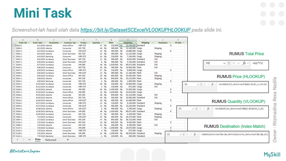rtzmdnarn's tweet photo. Aku habis ikutan short class excel gratis tentang Index-Match, VLookup dan HLookup dari @myskill_id 😄

Mini task nya beneran ngebantu aku buat latihan rumusnya. Jadi lebih paham mengolah data dan nambah skill baru deh.. 😁
#learnatmyskill https://t.co/LpKq6YULKC