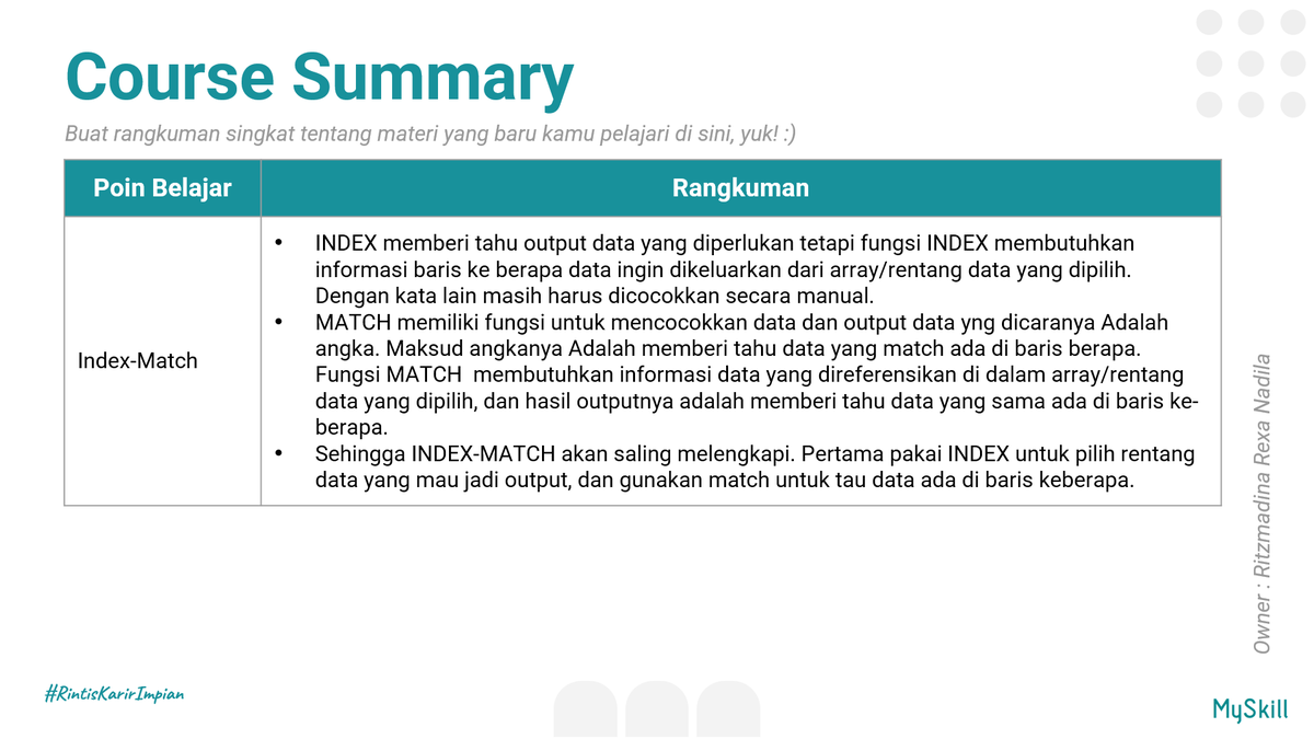 rtzmdnarn's tweet photo. Aku habis ikutan short class excel gratis tentang Index-Match, VLookup dan HLookup dari @myskill_id 😄

Mini task nya beneran ngebantu aku buat latihan rumusnya. Jadi lebih paham mengolah data dan nambah skill baru deh.. 😁
#learnatmyskill https://t.co/LpKq6YULKC