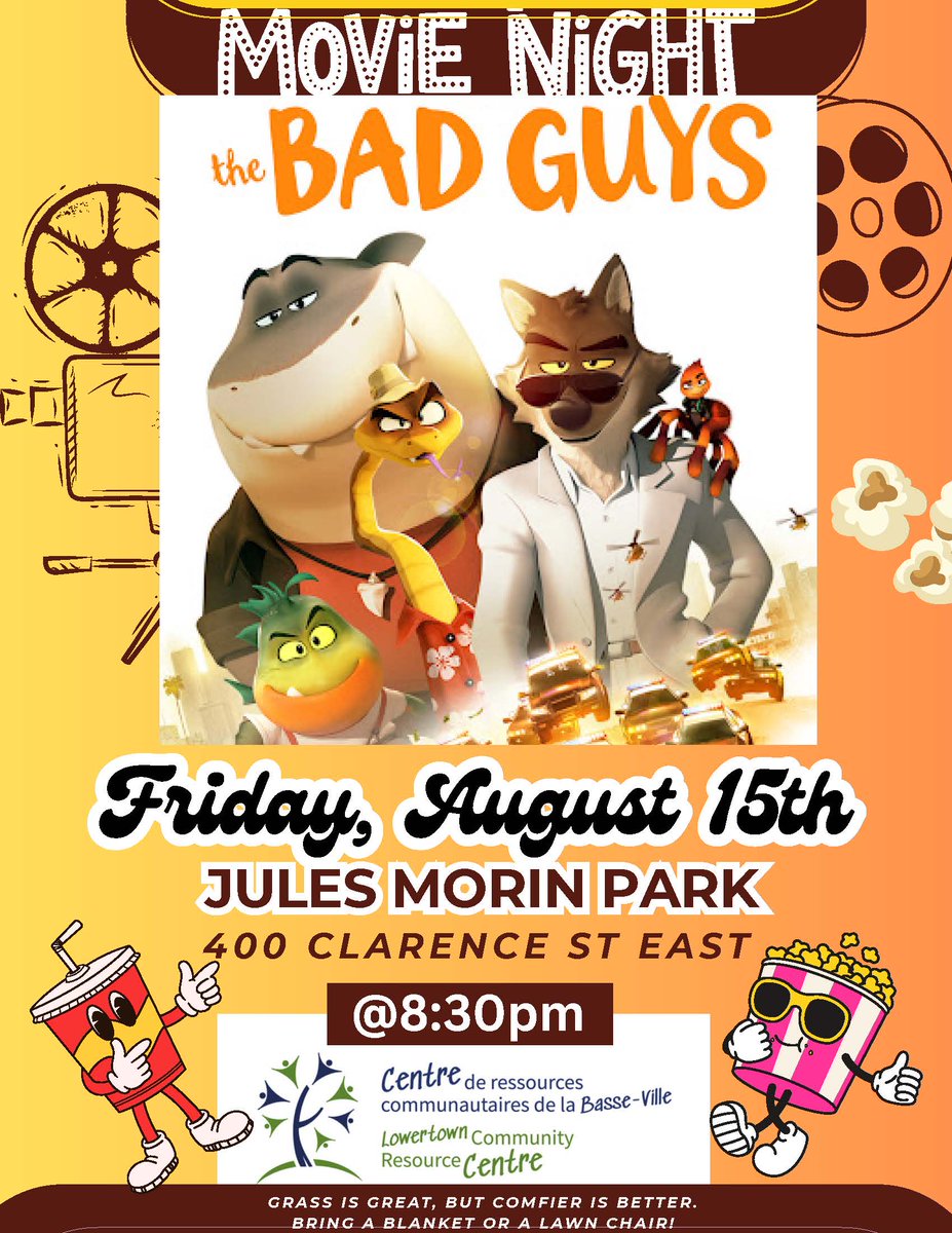 CRCBV - LCRC / Basse-Ville - Lowertown (@crcbv) on Twitter photo Movie Night tomorrow/FRIDAY in Jules Morin Park !!!
🍿📽️🥳
Soirée cinéma dans le parc Jules Morin DEMAIN/vendredi !!!
<a href="/OCH_LCO/">OCH_LCO</a> <a href="/MyLowertown/">Lowertown / Basse-Ville Ottawa</a> <a href="/PlanteSteph613/">Stéphanie Plante 🇨🇦🇨🇭</a> Movie Night tomorrow/FRIDAY in Jules Morin Park !!!
🍿📽️🥳
Soirée cinéma dans le parc Jules Morin DEMAIN/vendredi !!!
<a href="/OCH_LCO/">OCH_LCO</a> <a href="/MyLowertown/">Lowertown / Basse-Ville Ottawa</a> <a href="/PlanteSteph613/">Stéphanie Plante 🇨🇦🇨🇭</a>