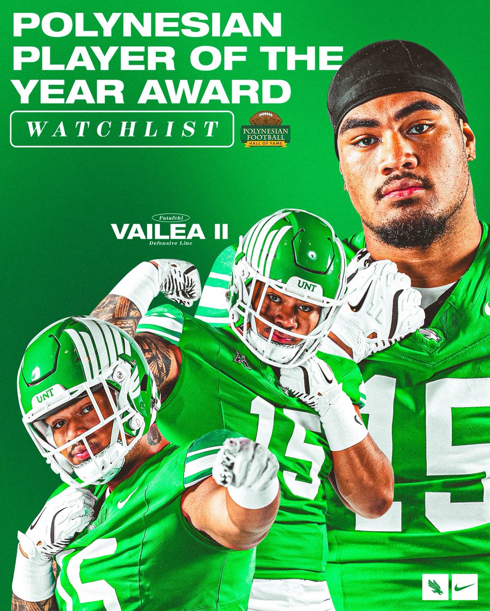UNT Football (@meangreenfb) on Twitter photo Congratulations to <a href="/vailea52/">Fatafehi Vailea</a> on being named to the <a href="/PolynesianFBHOF/">Polynesian Football</a> Polynesian Player of the Year Award Watchlist!
#GMG🦅 Congratulations to <a href="/vailea52/">Fatafehi Vailea</a> on being named to the <a href="/PolynesianFBHOF/">Polynesian Football</a> Polynesian Player of the Year Award Watchlist!
#GMG🦅