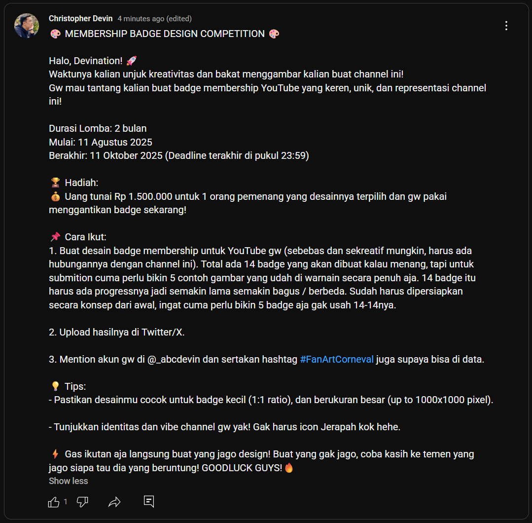 Buat yang mau versi singkat dan gak ribet, lihat aja gambar ini. Mention akun gw yang ini dan pake hashtag #FanArtCorneval buat submissionnya. 2 bulan durasinya jadi take it slow hehe.