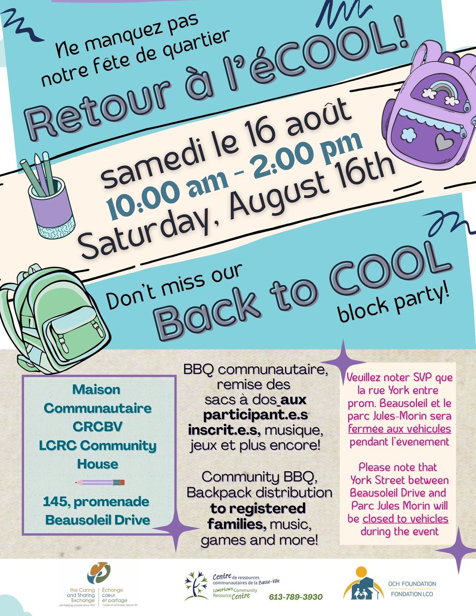 CRCBV - LCRC / Basse-Ville - Lowertown (@crcbv) on Twitter photo Block Party happening in front of our Community House (145 Beausoleil) and all along York Street - BBQ, face-painting, crafting, school supply give away, soccer tournament in Jules Morin Park, bubbles, music and more ! See you tomorrow/Saturday between 10-2pm!
Une fête de Block Party happening in front of our Community House (145 Beausoleil) and all along York Street - BBQ, face-painting, crafting, school supply give away, soccer tournament in Jules Morin Park, bubbles, music and more ! See you tomorrow/Saturday between 10-2pm!
Une fête de