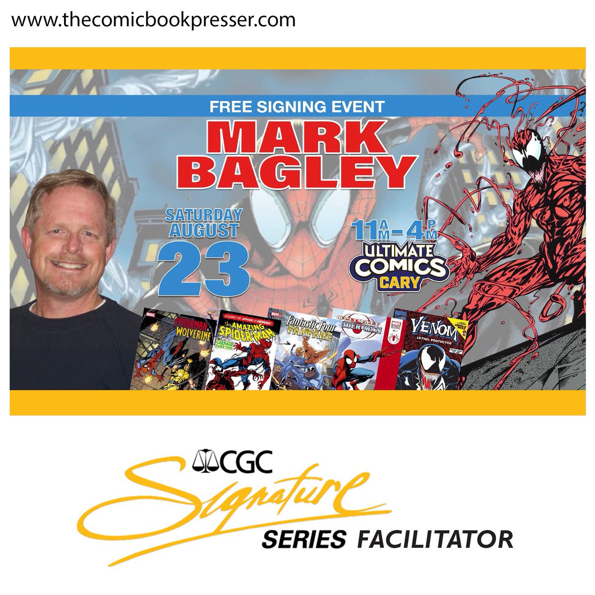 🕷️ Mark Bagley is coming! 🔥 One of our biggest CGC Signature Series signings ever with Ultimate Comics. Don’t miss the legendary Amazing Spider-Man artist! #MarkBagley #CGCSignatureSeries #UltimateComics #TheComicBookPresser