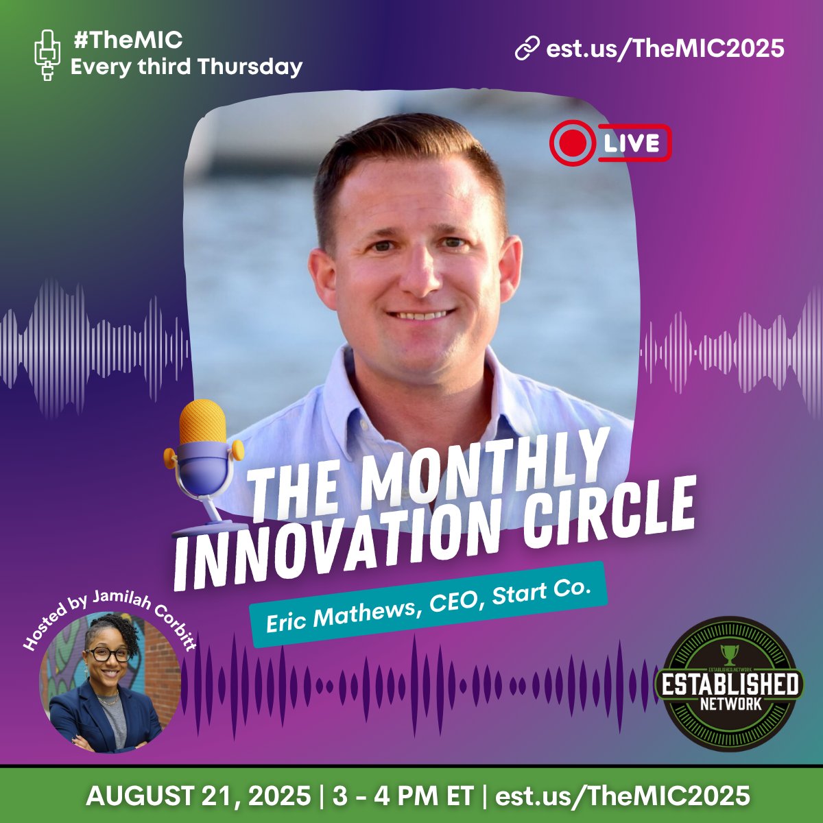 Established (@establishedus) on Twitter photo Talk turning breakthroughs into results with us on #TheMIC!
August 21 | 3 PM ET
Established Network Monthly Innovation Circle
You're invited: est.us/TheMIC2025
#startups #investors #ecosystembuilders #eso #entrepreneurmindset <a href="/StartupofYear/">Startup of the Year®</a> Talk turning breakthroughs into results with us on #TheMIC!
August 21 | 3 PM ET
Established Network Monthly Innovation Circle
You're invited: est.us/TheMIC2025
#startups #investors #ecosystembuilders #eso #entrepreneurmindset <a href="/StartupofYear/">Startup of the Year®</a>