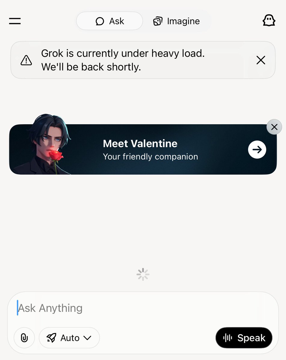 muojeks's tweet photo. Grok is currently under heavy load…imagine what will happen if you get heavy traffic like ChatGPT 😡😡😡😡@elonmusk https://t.co/AshWyeTZI1