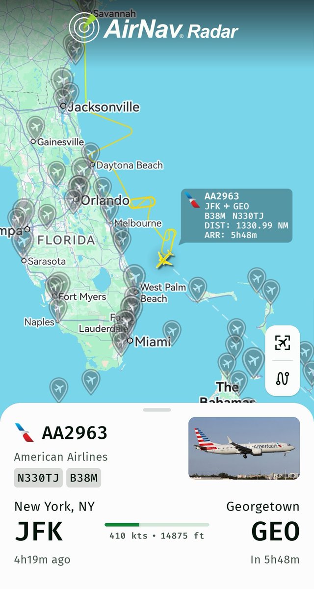 Runway_Report12's tweet image. #AmericanAirlines flight #AA2963 from JFK to GEO is diverting to Miami. Reason is not yet known.
#Diversions #flightdelays @flightradar24 @AirNavRadar