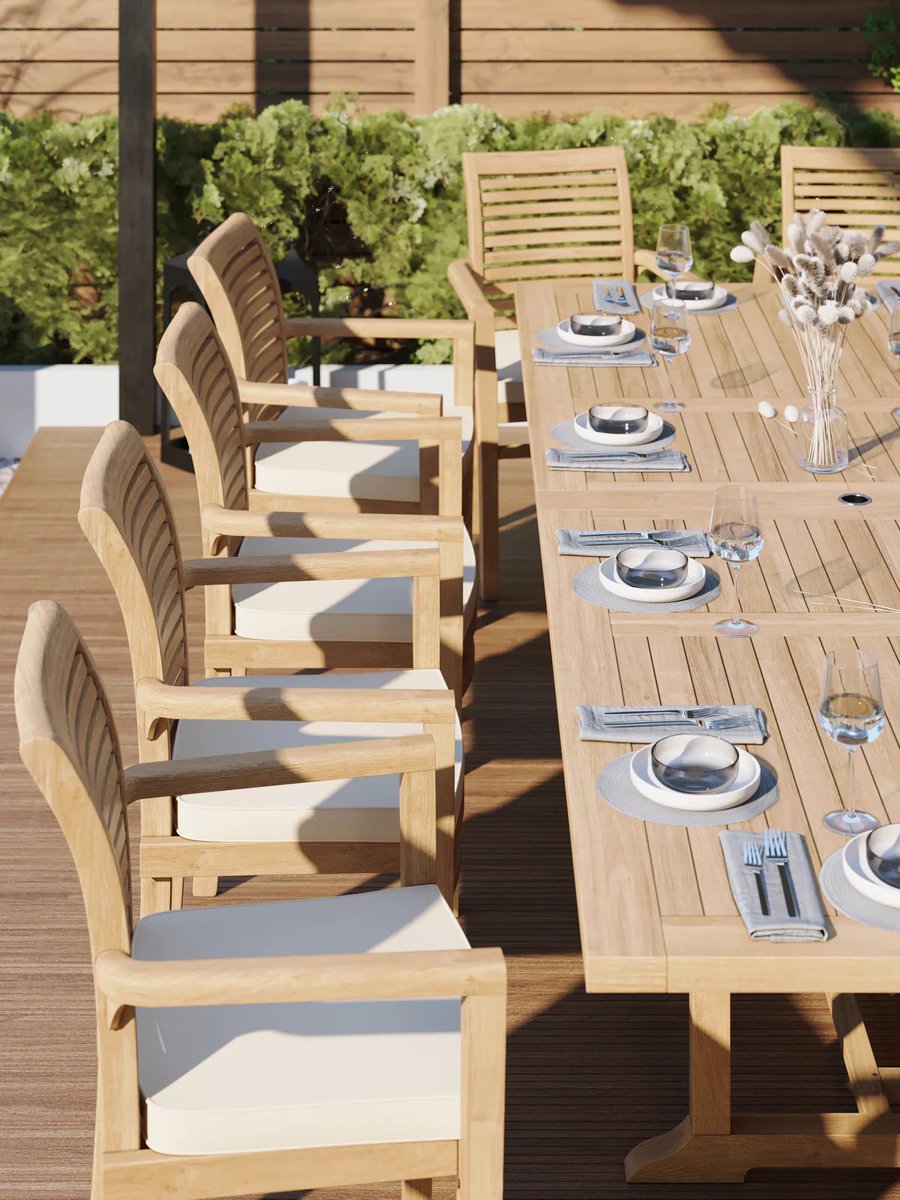 LuxusHomeEurope's tweet photo. Host in style with the Giant Teak Set – a 2–3 m extending table with 12 Oxford stacking chairs, crafted from sustainable teak for timeless outdoor dining.

Shop now: https://t.co/qaaqE4LO0E

#OutdoorDining #TeakFurniture #GardenGoals #LuxuryLiving https://t.co/XPHCM3DsIS