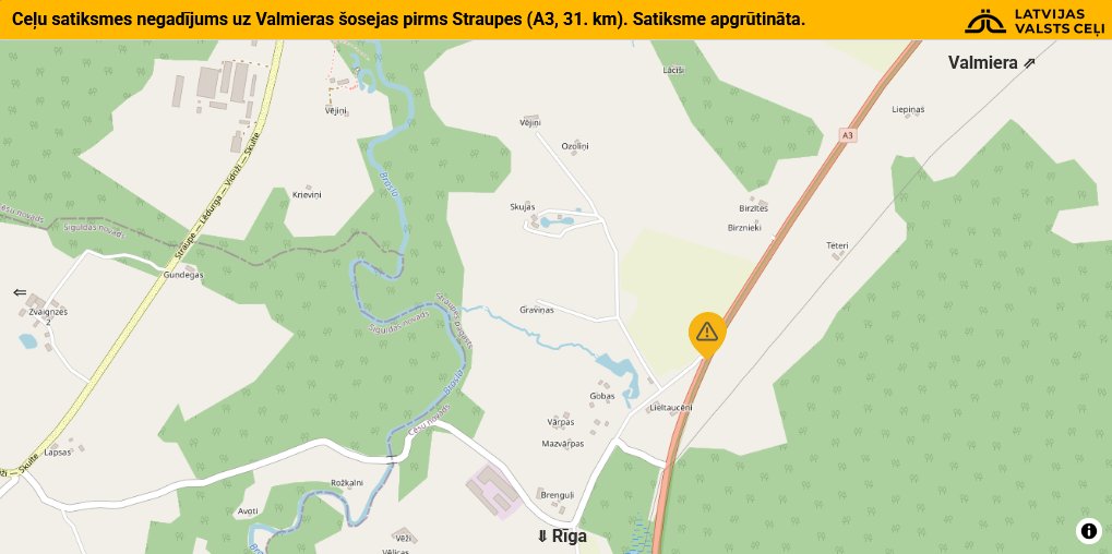 ⚠️🚓Ceļu satiksmes negadījums uz Valmieras šosejas pirms Straupes (A3, 31. km), informē <a href="/ugunsdzeseji/">VUGD</a>. Satiksme apgrūtināta. Brauciet uzmanīgi!