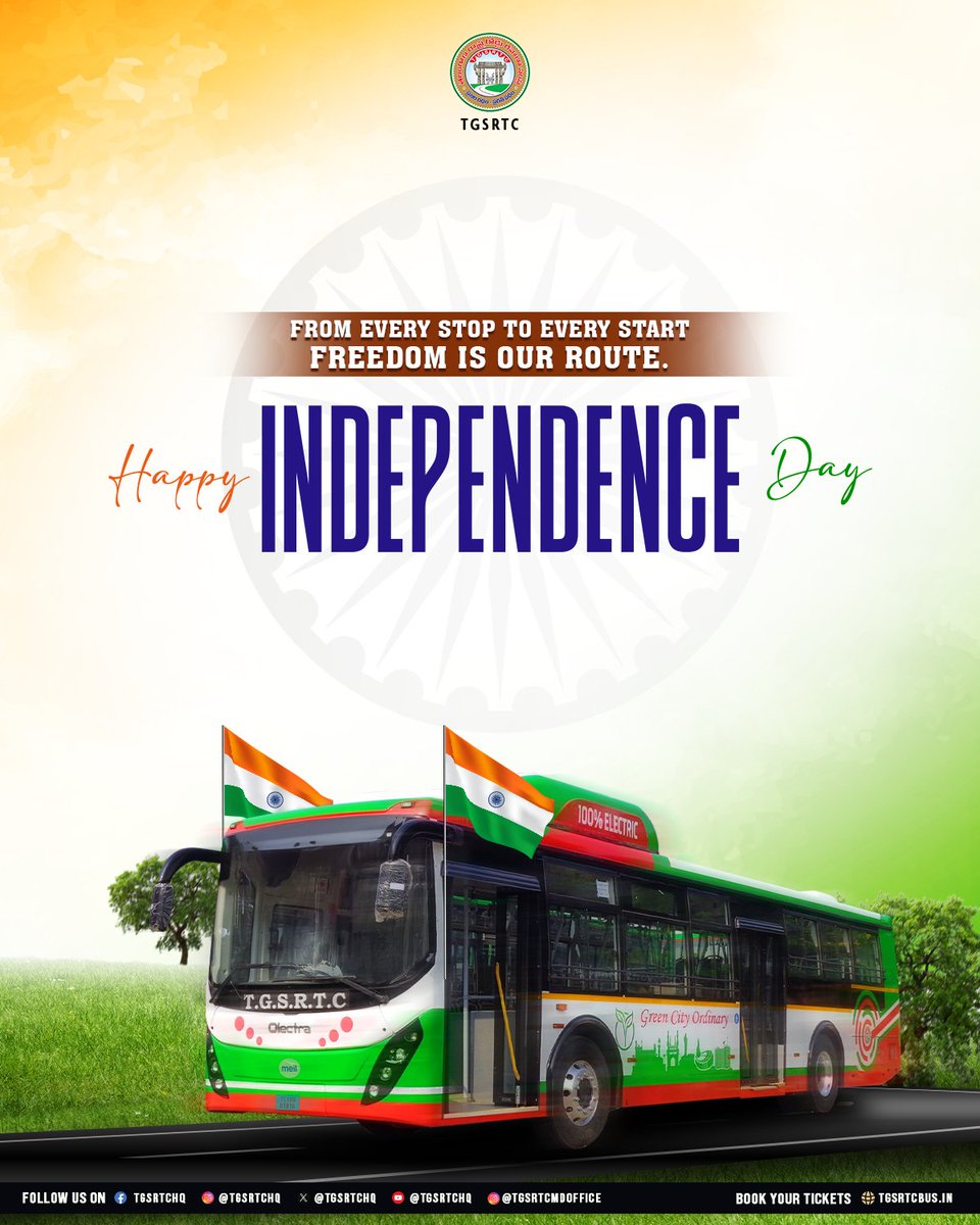 TGSRTCHQ's tweet image. TGSRTC family wishes you all a Happy Independence Day!

Let’s celebrate the spirit of freedom and the pride of our nation. 
May our journey towards progress and unity continue 🇮🇳 

@revanth_anumula @Ponnam_INC @TelanganaCMO @SajjanarVC

#HappyIndependenceDay #IndependenceDay2025…