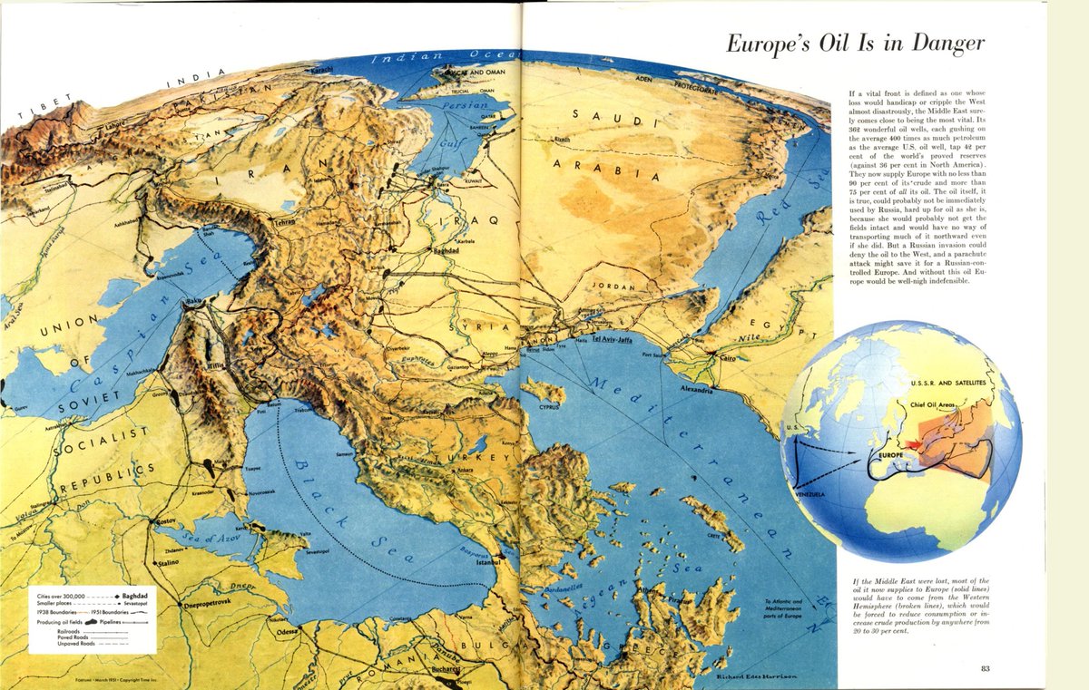 simongerman600's tweet photo. This map was drawn by the fantastic Richard Edes Harrison and published in the American magazine Fortune in March 1951. It shows the Middle East and the geopolitical implications for the West in regards to the petroleum from there. Cold War cartography at its best: https://t.co/540qpasQNi