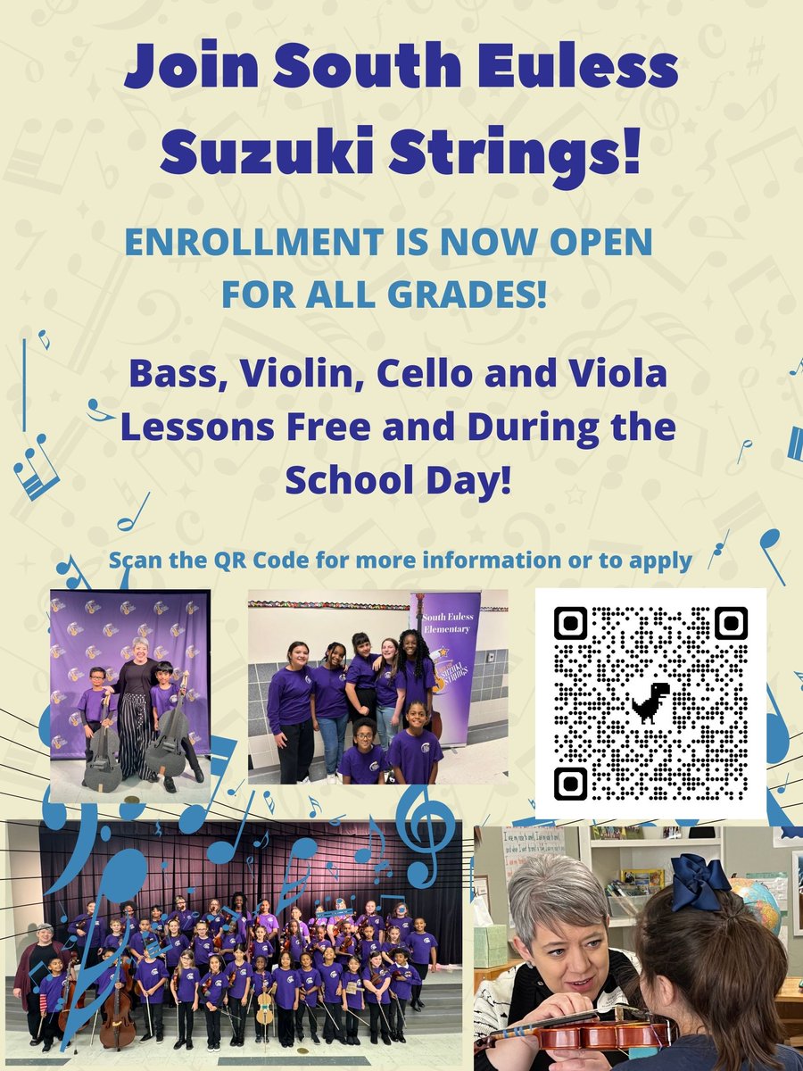 Enrollment for Suzuki Strings at South Euless Elementary is now open! Any student in any grade can learn to play the Cello, Viola, Violin, or Double Bass in our individualized nurturing program. There is no cost to participate. Contact Ms. Garner at stacygarner@hebisd.edu