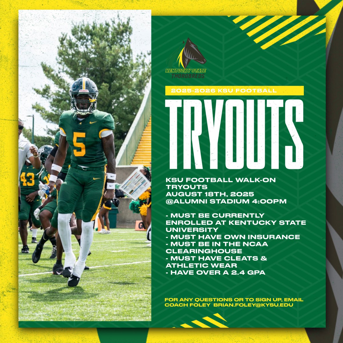 Felton Huggins Jr. (@f_huggins80) on Twitter photo 🚨Walk-On Tryout🚨
Want to be apart of Thorobred Pride? If you’re a full time student <a href="/KYSUFB/">Kentucky State University Football</a>, then your opportunity has arrived. Come show up & Show Out.
Mandatory Meeting/Tryout August 18th. Please register w/ link below forms.office.com/r/jmmr0jbL0n.
#CloseTheGAP 🚨Walk-On Tryout🚨
Want to be apart of Thorobred Pride? If you’re a full time student <a href="/KYSUFB/">Kentucky State University Football</a>, then your opportunity has arrived. Come show up & Show Out.
Mandatory Meeting/Tryout August 18th. Please register w/ link below forms.office.com/r/jmmr0jbL0n.
#CloseTheGAP