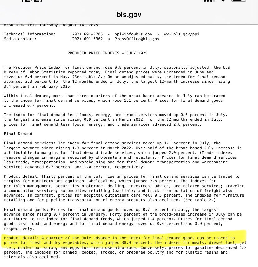 Correct. Here’s the proof, highlighted from the Bureau of Labor Statistics report. Vegetables should go down in price in summer (not up 38.9%) due to increased availability. But not if they’re affected by tariffs, in which case even domestic vegetable prices go up.