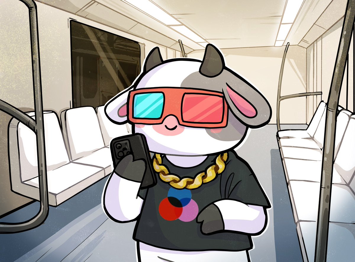 JpgBtc's tweet photo. First stop of my new art series 🚇
 LaMumu cow is riding the subway - but he is not alone. Every station, a new guest from the blue gem NFT community will join her. Can’t wait to show the next ride! 🐄
@lamumudotxyz @commondotxyz https://t.co/rgL0TgtZSN