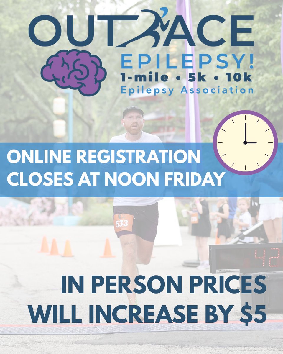 Final call to be part of our biggest epilepsy awareness race ever! Online registration closes at noon on 8/15. You can still register in person at the event, but prices will increase by $5. 

50/50 tickets: weblink.donorperfect.com/outraceepileps…

See you at the zoo this Sunday! 💜