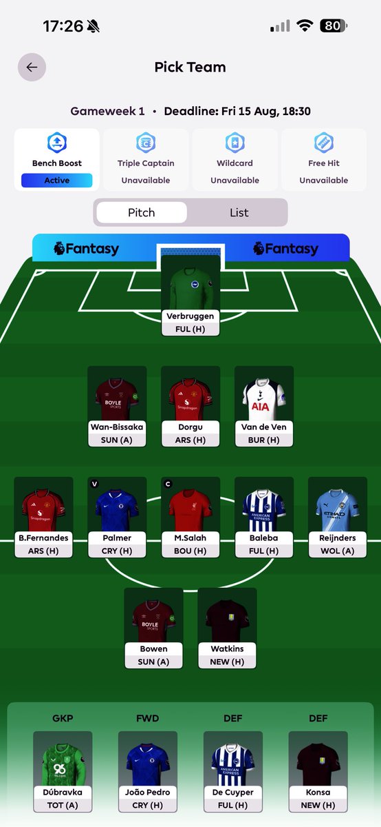 Razor1967's tweet photo. @OfficialFPL At the moment I am planning on Bench boosting. https://t.co/effc29Qof5