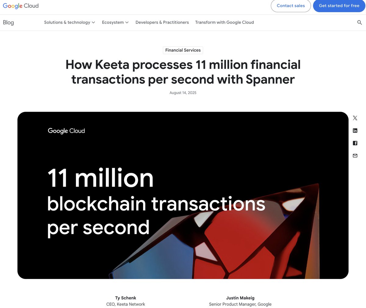 Congrats $KTA! Google Cloud just published a feature on how <a href="/KeetaNetwork/">Keeta</a> achieved 11m tps with Google Spanner. 

"Founded in 2022 and backed by Eric Schmidt, the former CEO of Google, Keeta has engineered its network to meet the stringent regulatory and operational requirements