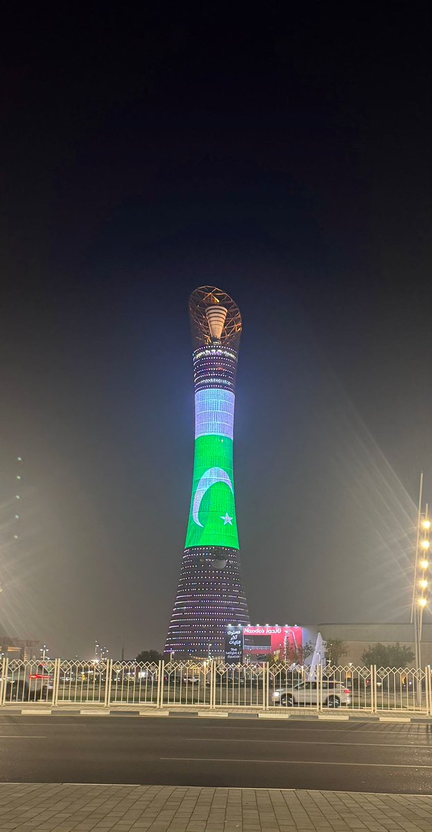 Pakistan’s flag displayed on Torch Tower, Doha which has the largest external 360 degree screen in the world.  
#PakistanIndependenceDay
#14Aug2025