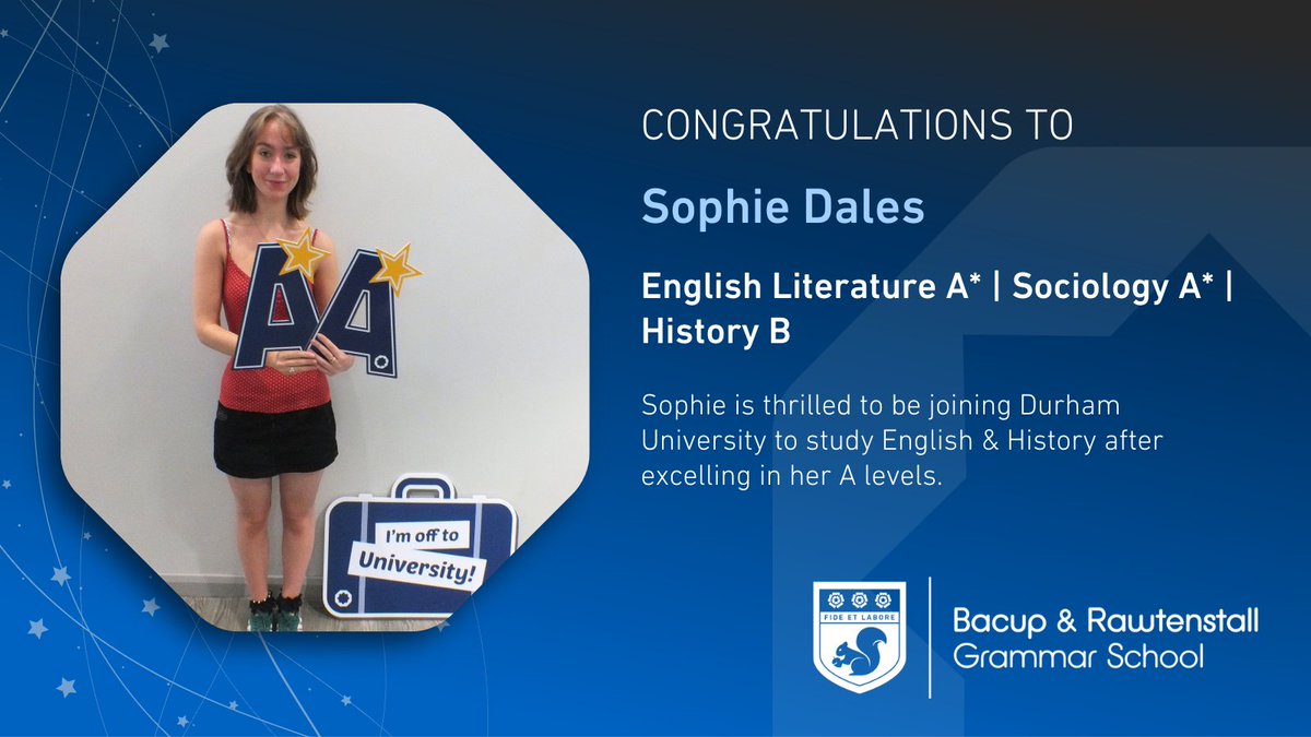 BRGS_1701's tweet image. Sending best wishes to Sophie Dales as she embarks on the next steps of her journey at @durham_uni where she'll study English and History after earning A*s in English Literature and Sociology and a B in History.

#Alevels #ResultsDay #WeAreStar