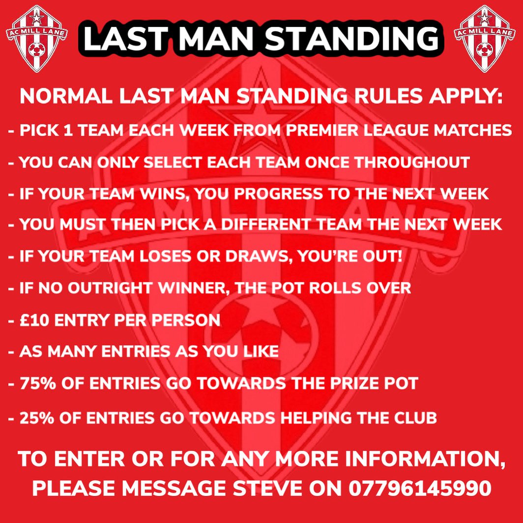 AC_Mill_Lane's tweet photo. 🚨 24 HOURS LEFT 🚨 

Final chance to get involved our last man standing game, the deadline for entries is 5pm on Friday 15th August! ⚽️ 

An average prize of £340 over last season’s games, we’re currently on course for a similar jackpot! Will you be our next winner? 👀💸 https://t.co/8oh16on9NA